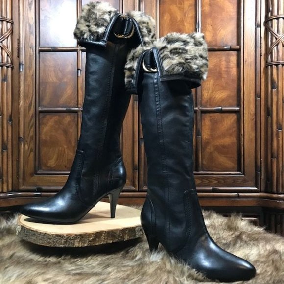 Guess Shoes - Guess Genuine Leather Leopard Faux Fur Knee High/Over the Knee Logo Ring Boot